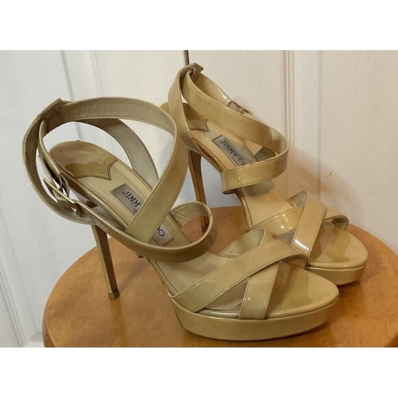 Jimmy Choo‎ Beige Nude Patent Leather Platform Strappy Heels Size 40.5 US 10.5